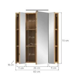 Hioshop Ice spiegelkast inclusief verlichting 3 spiegeldeuren eiken decor
