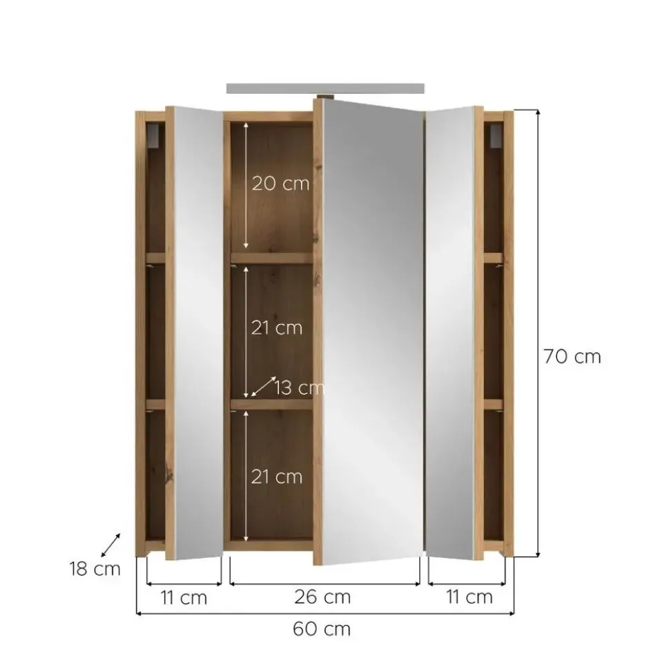 Hioshop Ice spiegelkast inclusief verlichting 3 spiegeldeuren eiken decor