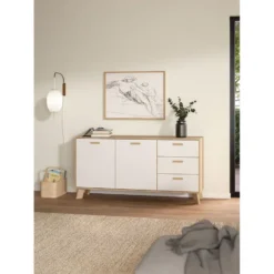 Hioshop Ikast dressoir 2 deuren- 3 lades eiken decor- wit