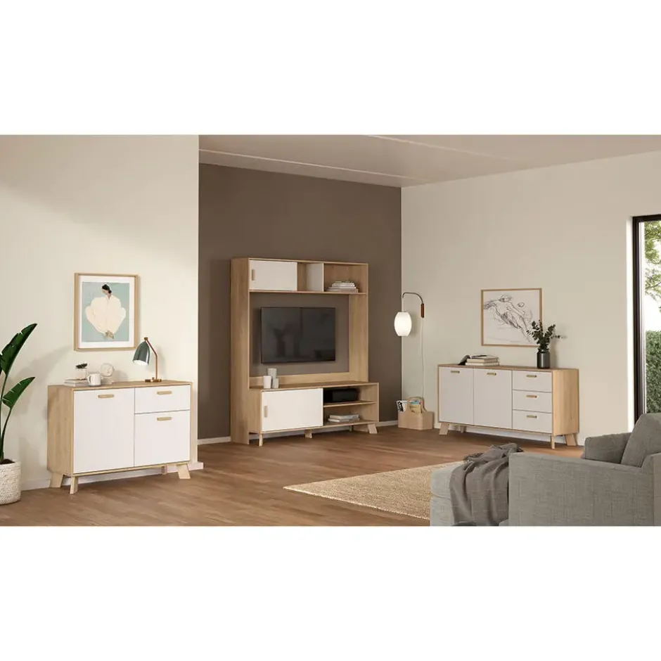 Hioshop Ikast dressoir 2 deuren- 3 lades eiken decor- wit