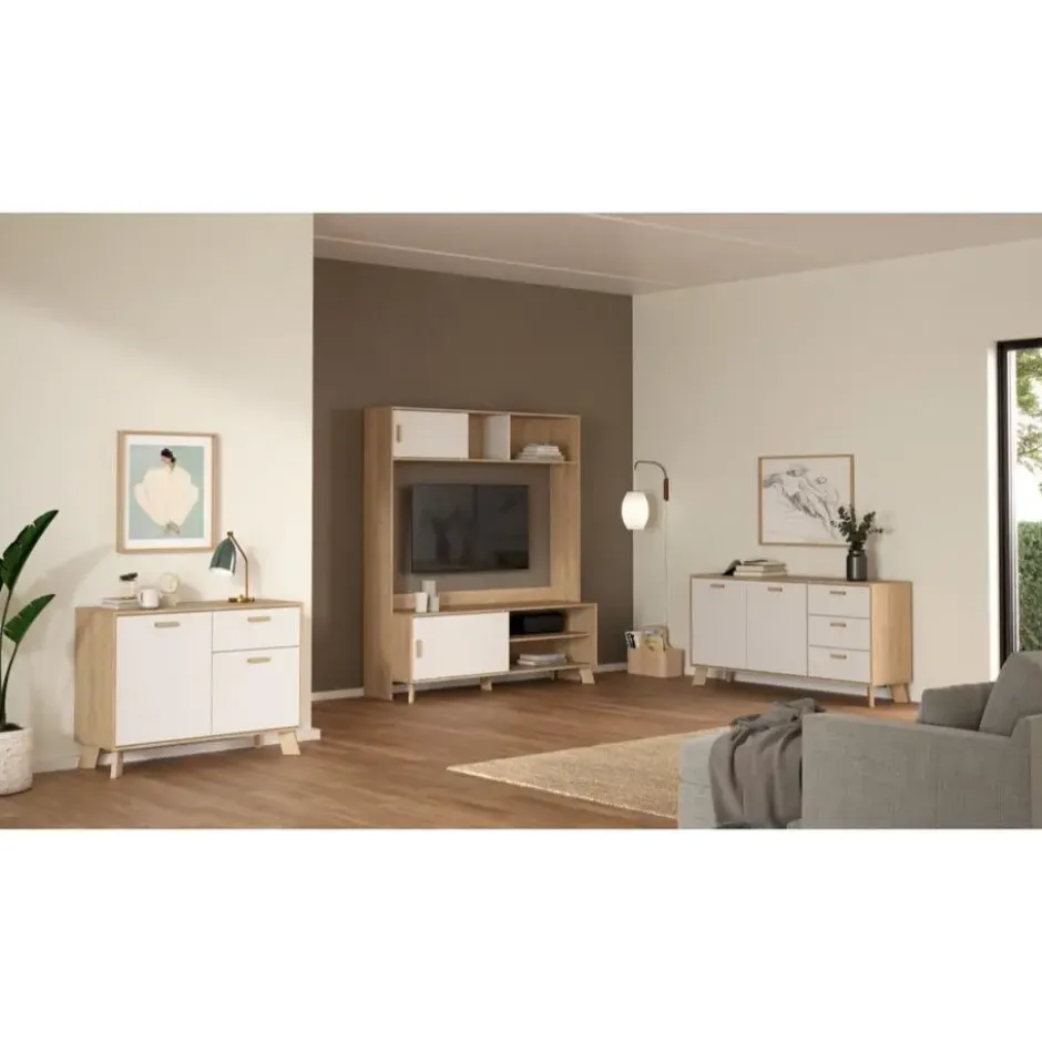 Hioshop Ikast dressoir 2 deuren- 3 lades eiken decor- wit