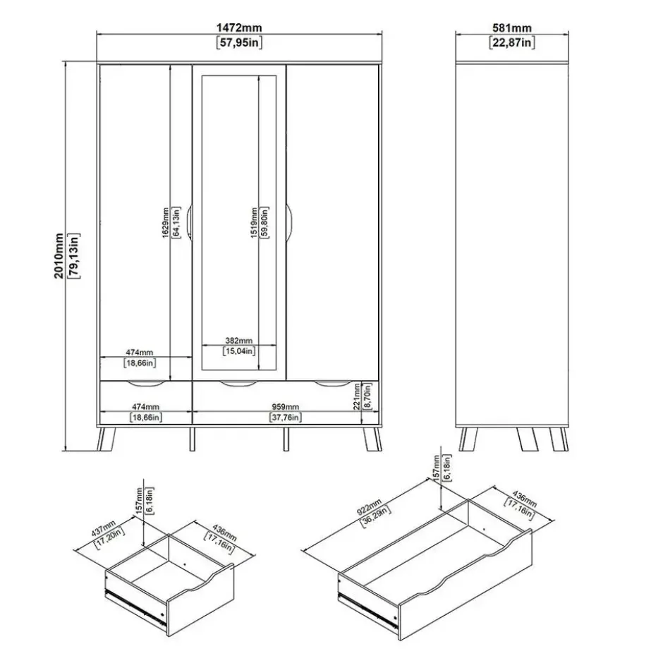 Hioshop Ikast kledingkast 201x148x58cm- 2 deuren- 1 spiegeldeur- 2 lades eiken