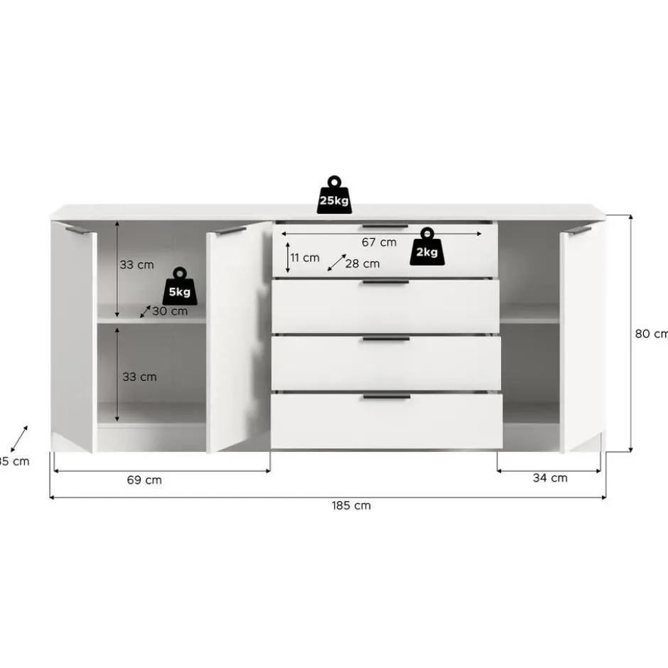 Hioshop Kopenhagen dressoir 4 laden- 3 deuren wit