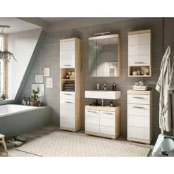 Hioshop Lambada wastafel 2 deuren wit hoogglans- eiken decor