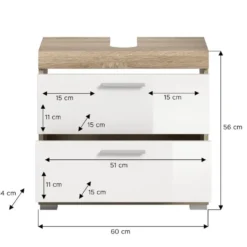 Hioshop Lambada wastafel 2 deuren- 2 lades- 2 planken wit hoogglans- eiken