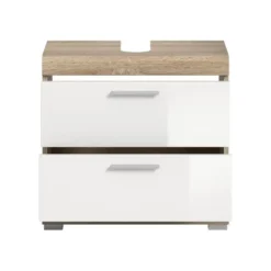 Hioshop Lambada wastafel 2 deuren- 2 lades- 2 planken wit hoogglans- eiken