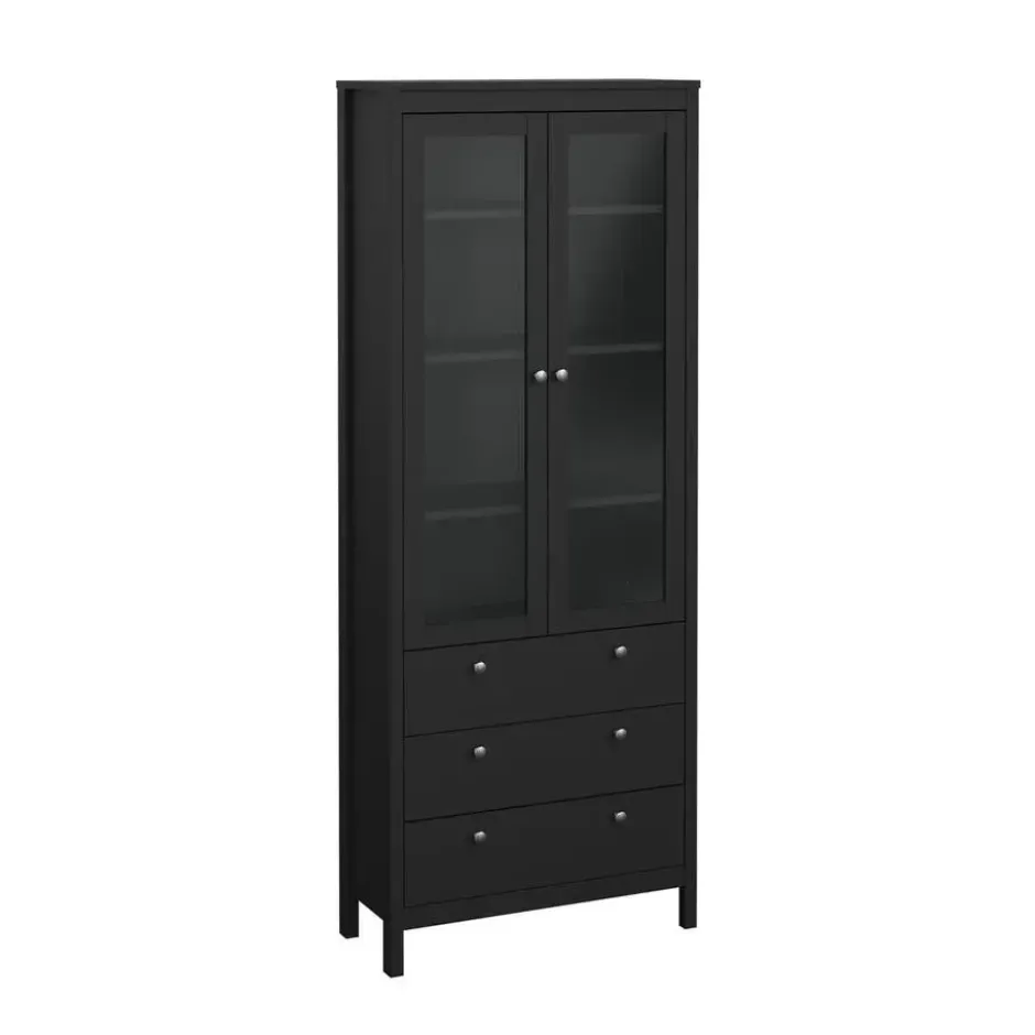 Hioshop Madrid vitrinekast 2 glazen deuren 3 laden zwart mat