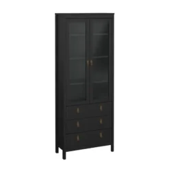 Hioshop Madrid vitrinekast 2 glazen deuren 3 laden zwart mat