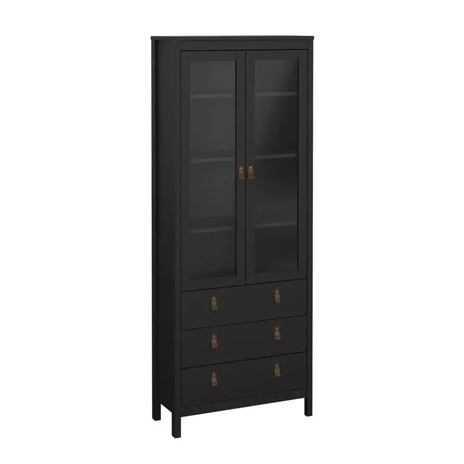 Hioshop Madrid vitrinekast 2 glazen deuren 3 laden zwart mat