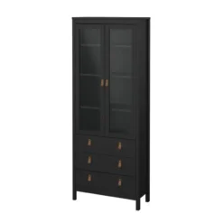 Hioshop Madrid vitrinekast 2 glazen deuren 3 laden zwart mat
