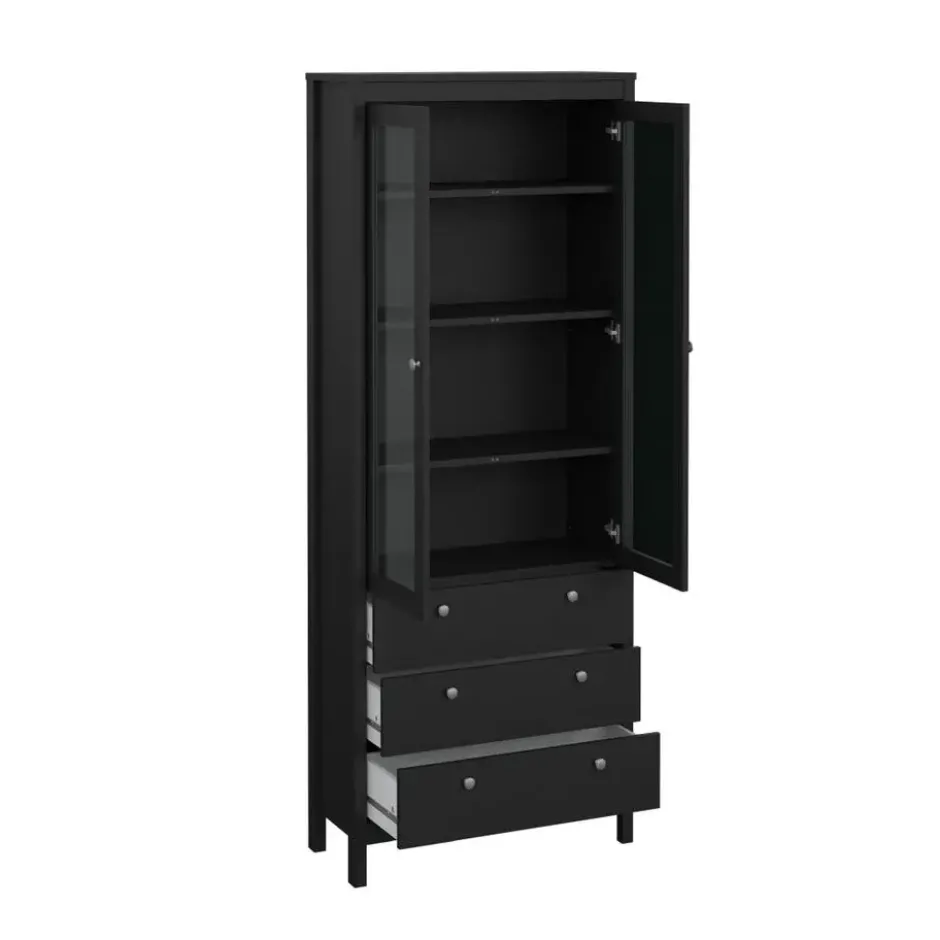 Hioshop Madrid vitrinekast 2 glazen deuren 3 laden zwart mat