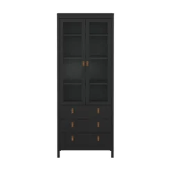 Hioshop Madrid vitrinekast 2 glazen deuren 3 laden zwart mat