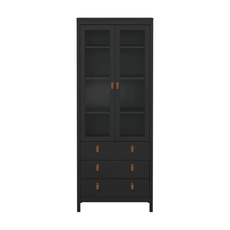 Hioshop Madrid vitrinekast 2 glazen deuren 3 laden zwart mat