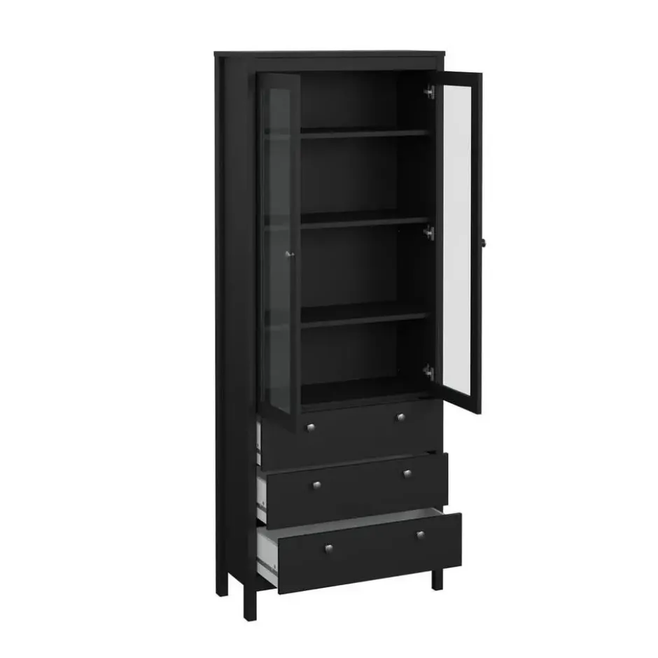 Hioshop Madrid vitrinekast 2 glazen deuren 3 laden zwart mat