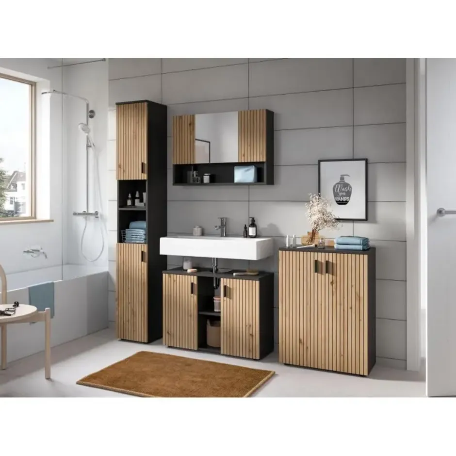 Hioshop Mone spiegelkast 2 deuren- 1 spiegeldeur- 1 plank eiken decor-