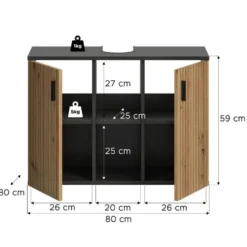 Hioshop Mone wastafel 2 deuren- 2 planken eiken decor- donkergrijs