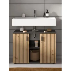 Hioshop Mone wastafel 2 deuren- 2 planken eiken decor- donkergrijs