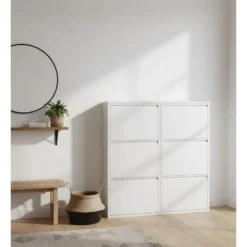 Hioshop Pisa schoenenkast wit metaal met 3 vakken - set van 2