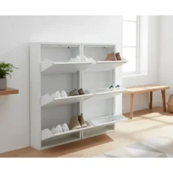 Hioshop Pisa schoenenkast wit metaal met 3 vakken - set van 2