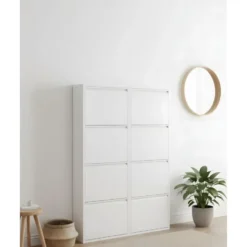 Hioshop Pisa schoenenkast wit metaal met 4 vakken - set van 2