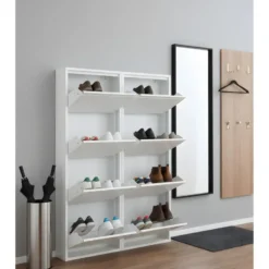 Hioshop Pisa schoenenkast wit metaal met 4 vakken - set van 2