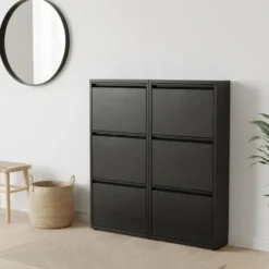 Hioshop Pisa schoenenkast zwart metaal met 3 vakken - set van 2