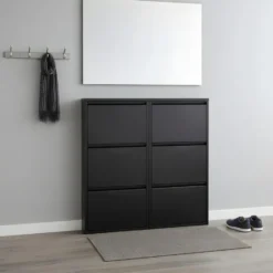 Hioshop Pisa schoenenkast zwart metaal met 3 vakken - set van 2