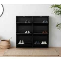 Hioshop Pisa schoenenkast zwart metaal met 3 vakken - set van 2