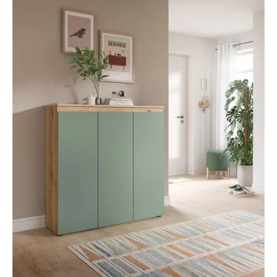 Hioshop Scarpa dressoir 3 deuren eik decor- stoffig groen