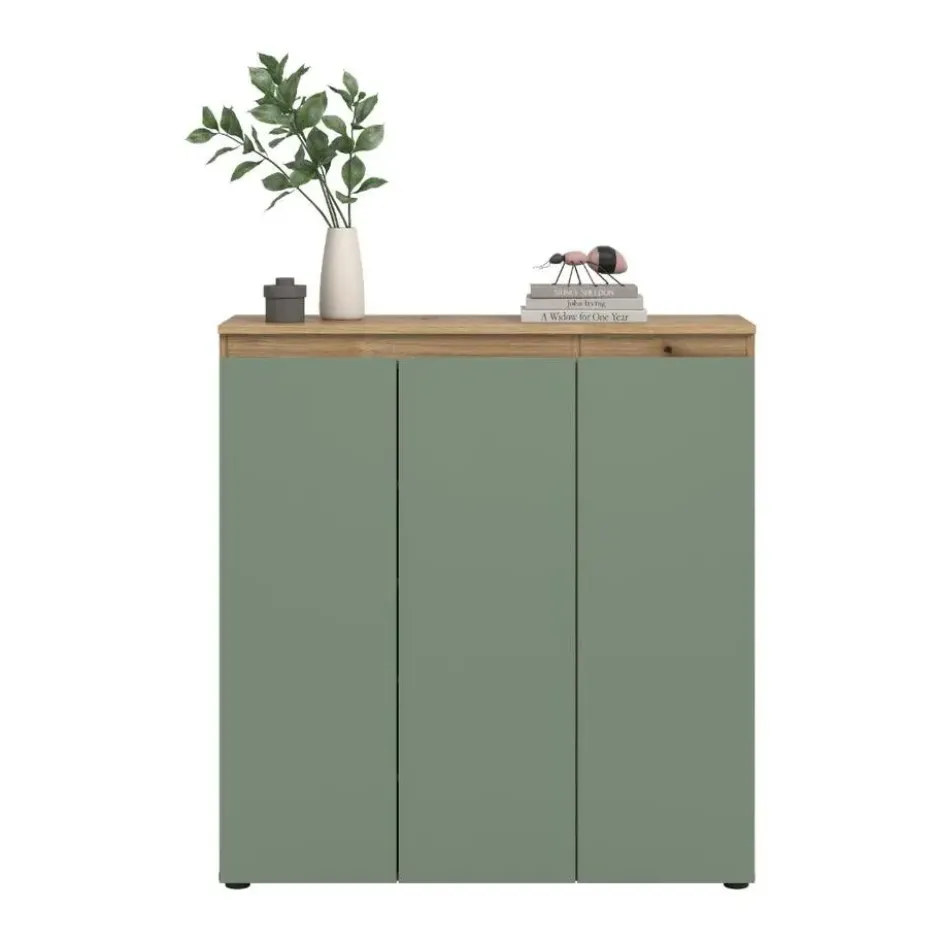 Hioshop Scarpa dressoir 3 deuren eik decor- stoffig groen