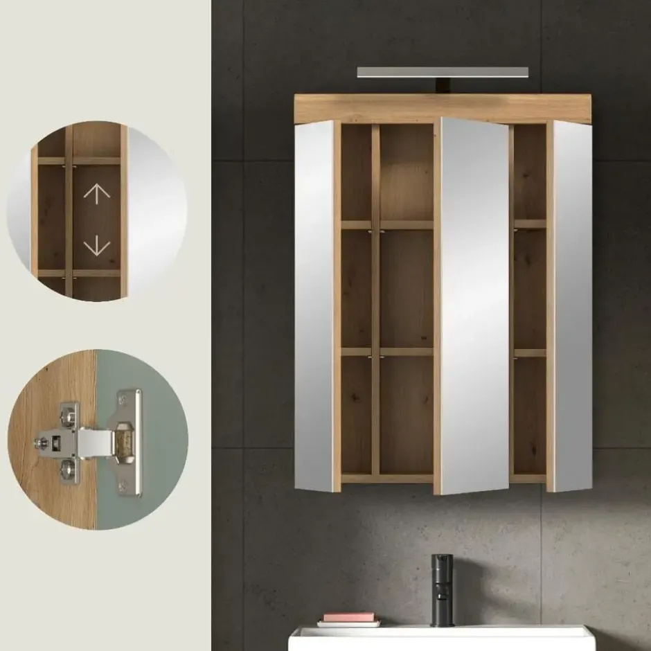 Hioshop Scout spiegelkast 2 deuren- 3 spiegeldeuren- 3 planken salvie decor-