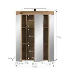 Hioshop Scout spiegelkast inclusief verlichting 3 spiegeldeuren eiken decor