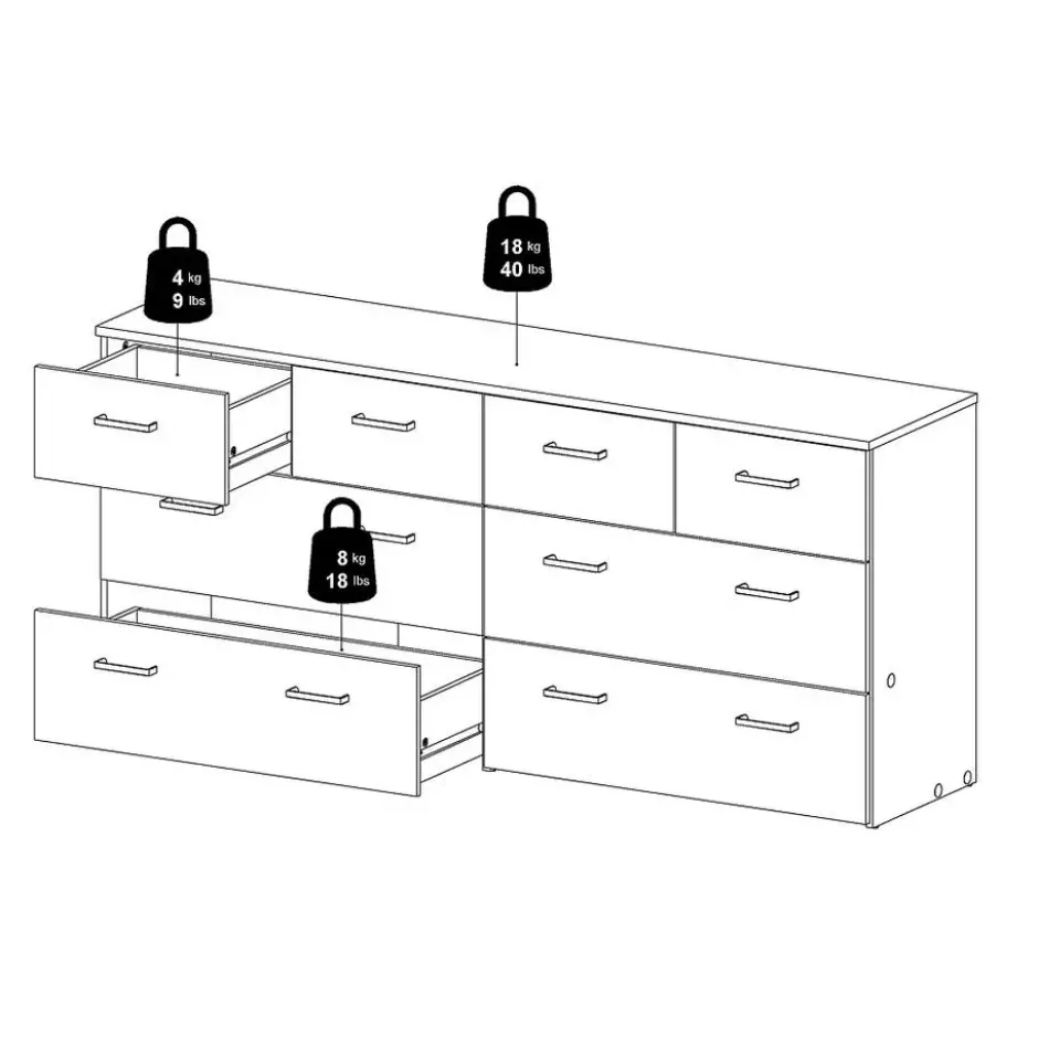 Hioshop Spell Ladekast breed 4 kleine en 4 grote laden eiken decor- wit