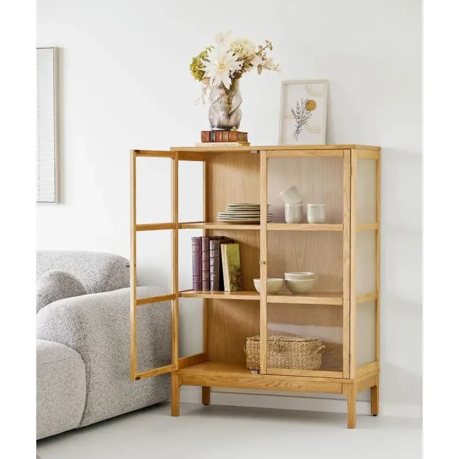 Hioshop Vigga vitrinekast 2 glazen deuren- 2 planken eik