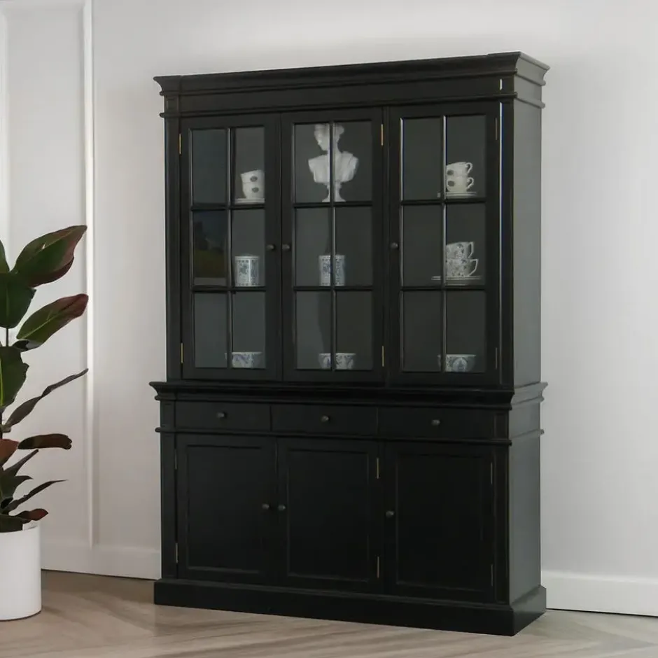 Hioshop Winkelkast buffetkast vitrine met opzet antiek zwart massief hout
