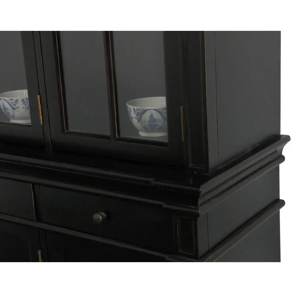 Hioshop Winkelkast buffetkast vitrine met opzet antiek zwart massief hout