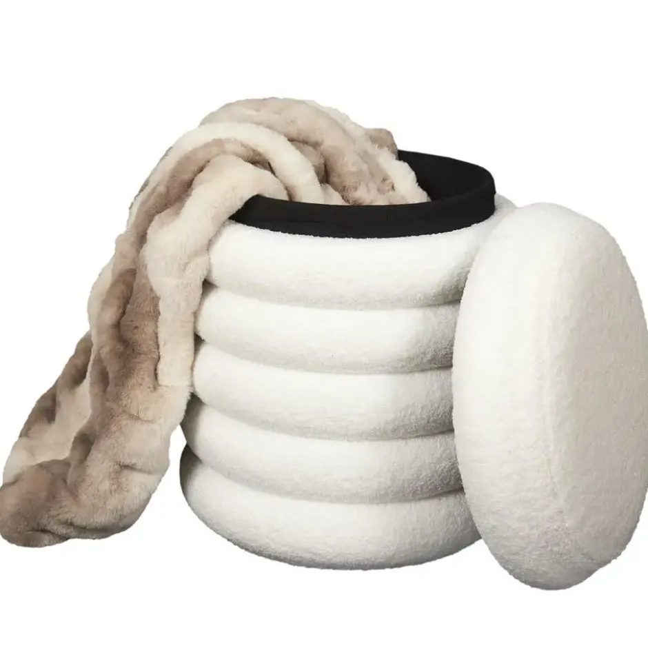 Home Deco Factory Poef/krukje - boucle - wit - D37 x H44 cm