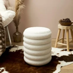 Home Deco Factory Poef/krukje - boucle - wit - D37 x H44 cm