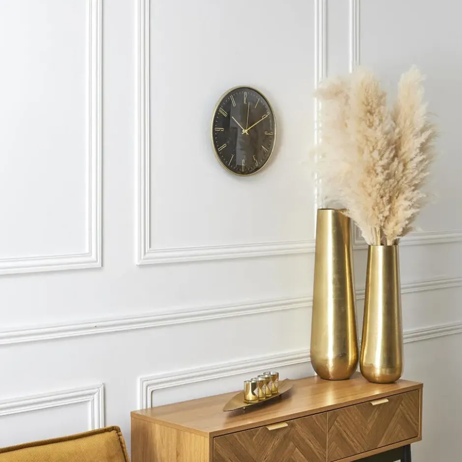 Home deco factory stille wandklok - goud/zwart - D30 cm -kunststof