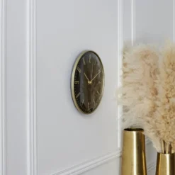 Home deco factory stille wandklok - goud/zwart - D30 cm -kunststof
