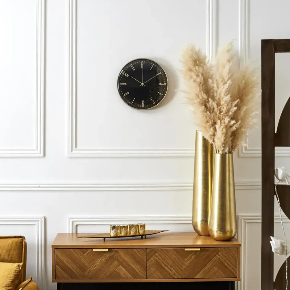 Home deco factory stille wandklok - goud/zwart - D30 cm -kunststof