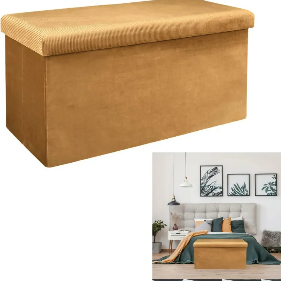 Home Deco Poef Velvet - opbergbox - okergeel - 76 x 38 cm