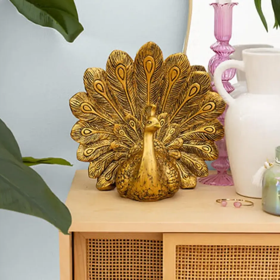Home decoratie dieren/vogels beeldje Pauw - goud - 25 x 27 cm