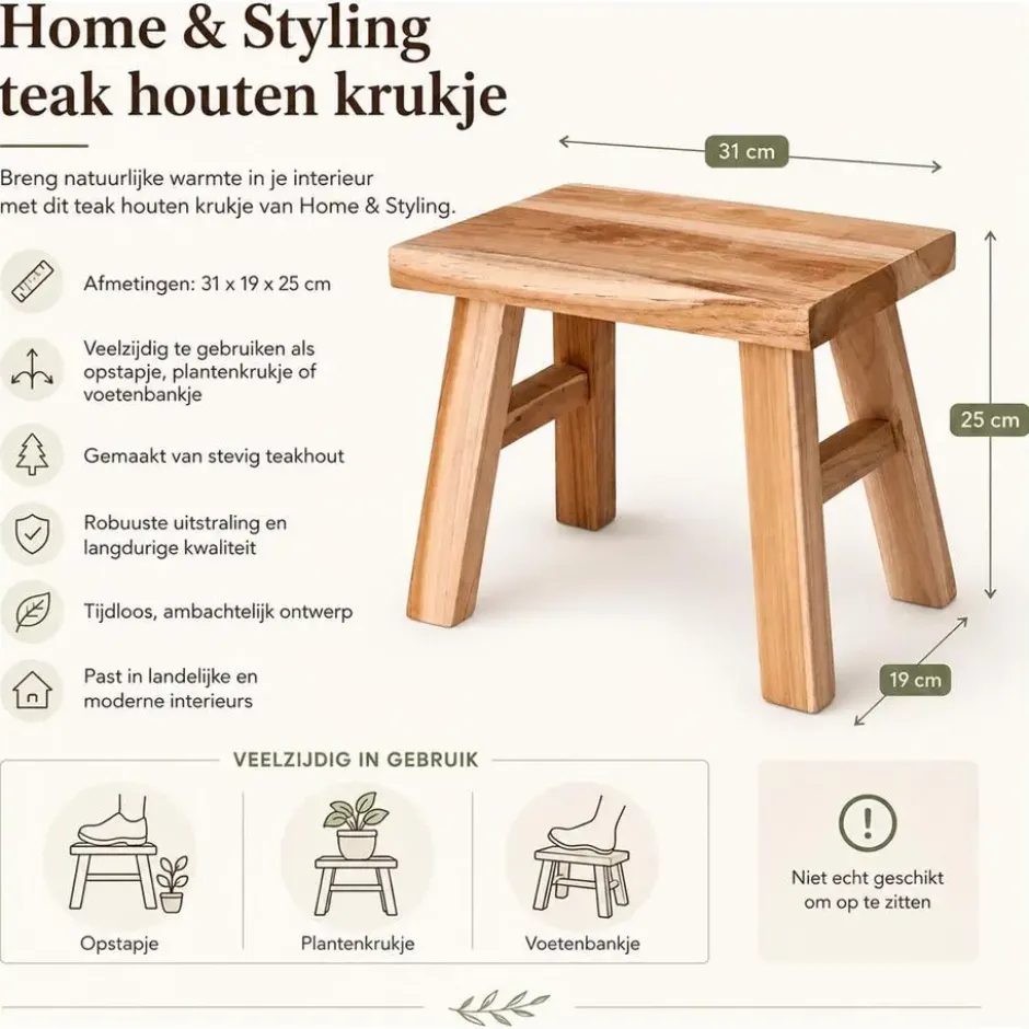 Home & Styling Krukje - teak hout - 31 x 19 x 25 cm - opstapje