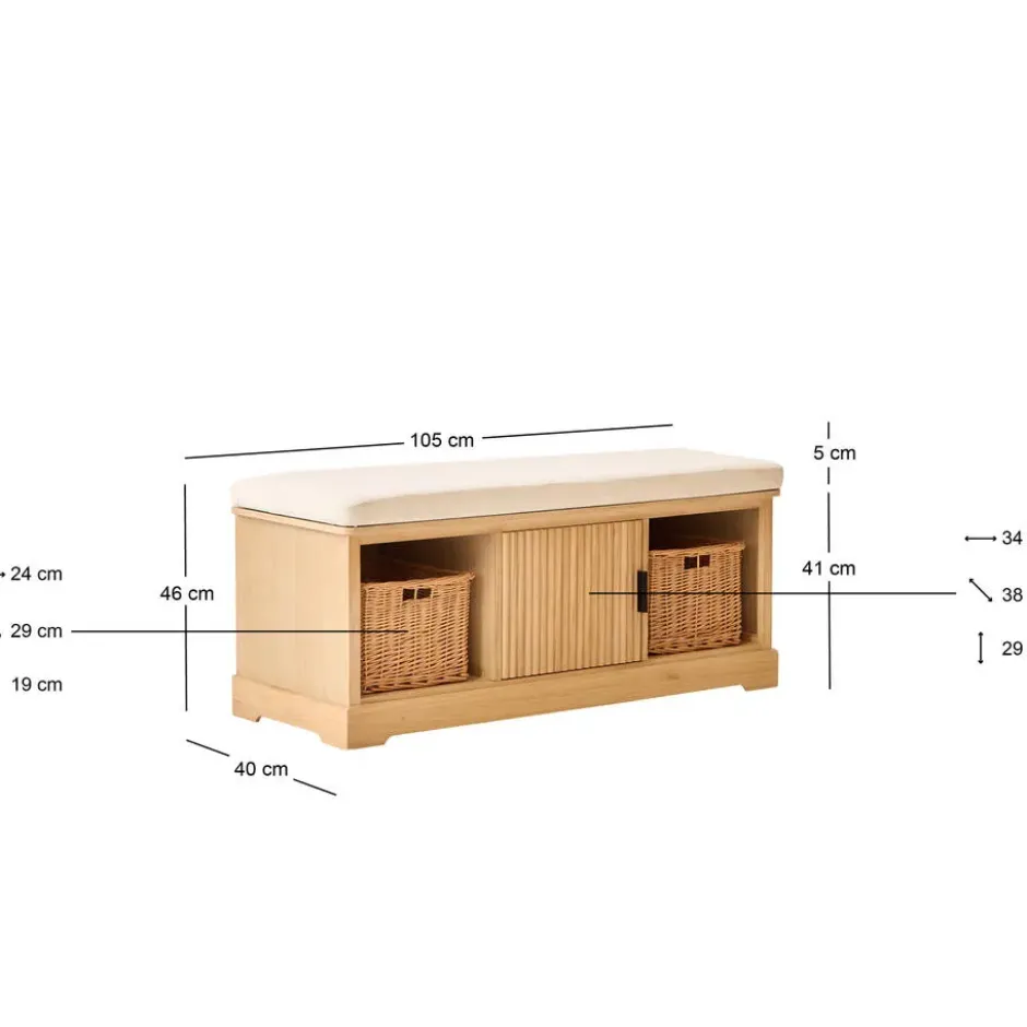 Houten halbank met 1 deur en 2 opbergvakken met beige fluwelen