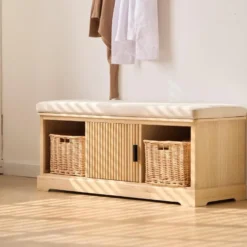 Houten halbank met 1 deur en 2 opbergvakken met beige fluwelen