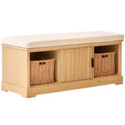 Houten halbank met 1 deur en 2 opbergvakken met beige fluwelen