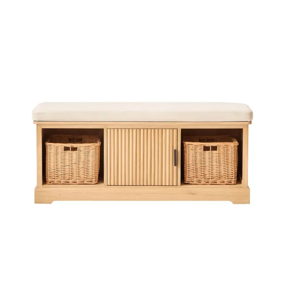 Houten halbank met 1 deur en 2 opbergvakken met beige fluwelen