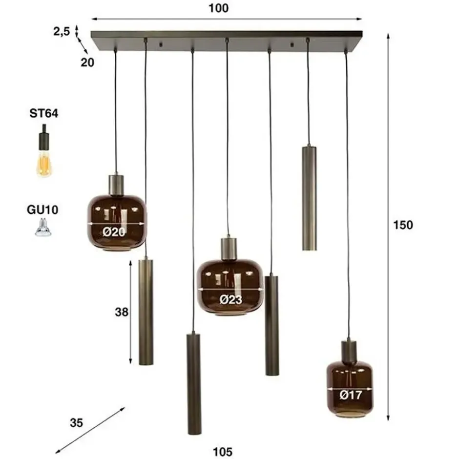Hoyz Collection - Hanglamp Bronza Mix 4+3-lichts - Sienna Brown