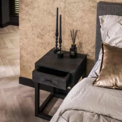 Hoyz Collection - Nachtkastje 1L Black Square - Massief Acacia Zwart